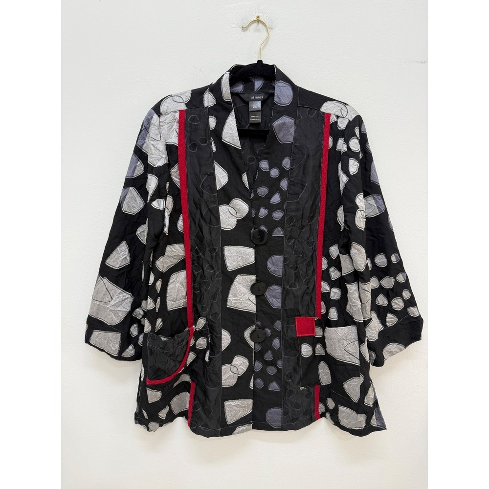 Ali Miles Jacket Large Black Red Abstract Geometric Button Front Art to Wear
